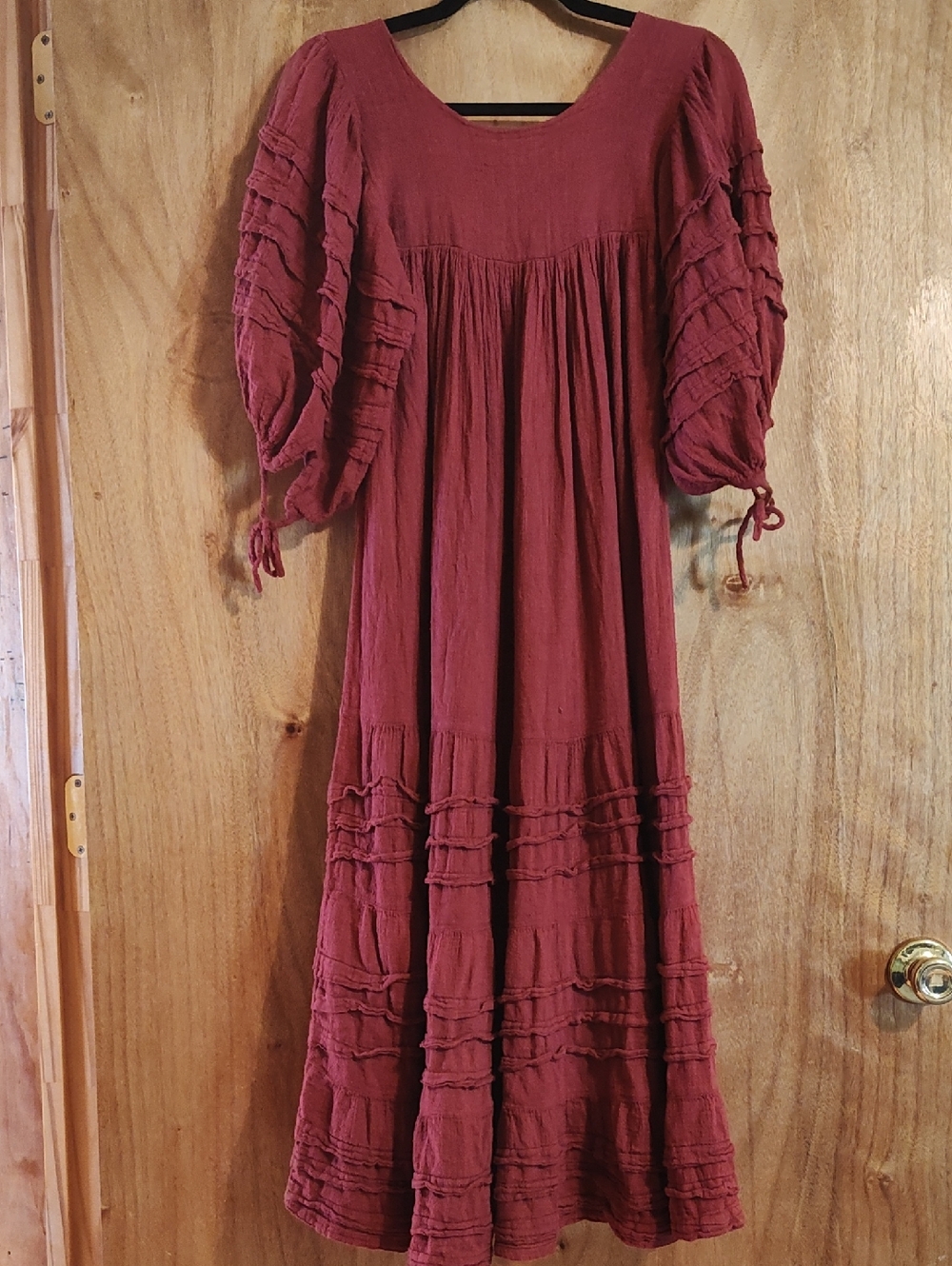 Boho Peasant Dress Brick Red Slub Puff Sleeve Ruffled Tiers Victorian Ren Fair S - Picture 8 of 16